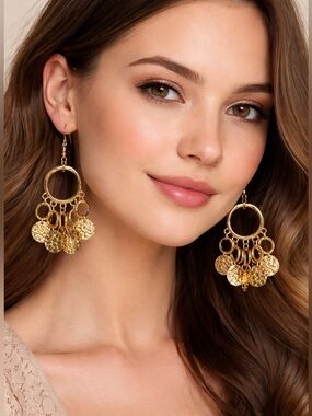 Gold Dangle Hoop Earrings with Textured Discs - Women Jewelry Bohemian Gypsy